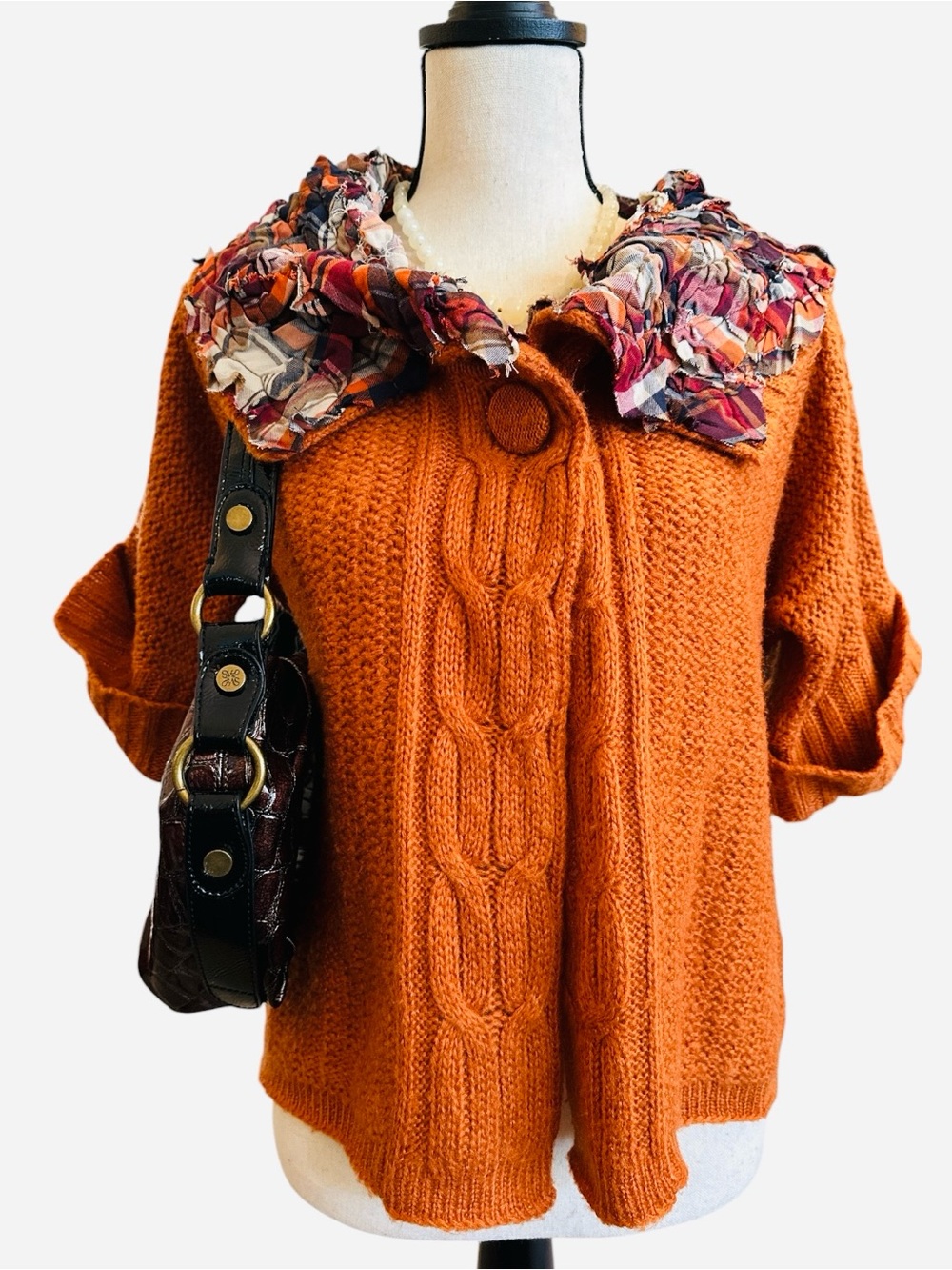 E-vie Orange Cable Knit Cardigan Upcycled Plaid Ruffle Collar Artsy OOAK Medium - Picture 9 of 9